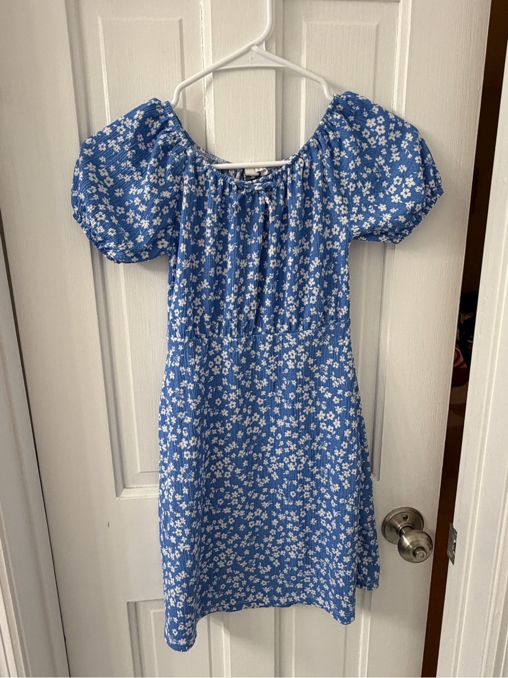Zara Blue Floral Puff-Sleeve Dress with White Blossoms